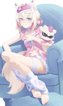 1girl :3 absurdres animal_ear_fluff animal_ears armchair babydoll barefoot blonde_hair blue_eyes blush breasts chair choker commentary criss-cross_straps crossed_bangs dog dog_ears dog_girl dog_tail double_bun feet frilled_babydoll frilled_choker frilled_shorts frilled_thigh_strap frills furrowed_brow hair_bun hair_ornament hairclip highres hololive hololive_english hugging_object light_smile looking_at_viewer mococo_abyssgard mococo_abyssgard_(pajamas) multicolored_hair navel official_alternate_costume official_alternate_hairstyle on_chair pink_babydoll pink_choker pink_hair pink_nails revilol ruffian_(fuwamoco) short_hair short_shorts shorts single_leg_warmer sitting sleep_mask small_breasts solo streaked_hair sunglasses tail thigh_strap toenails toes virtual_youtuber white_shorts