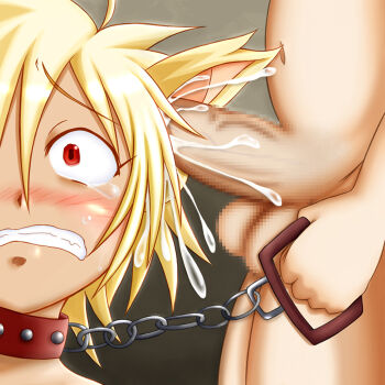 Rule 34 | 1boy, animal ears, blonde hair, blush, censored, chain, collar, cum, cum in ear, ear insertion, ear sex, leash, male focus, mosaic censoring, penis, red eyes, tears, yaoi