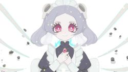 2girls animated apron bloody_marie_(skullgirls) blue_eyes bright_pupils crying cyborg dress energy flashback frilled_apron frilled_dress frills gloves green_eyes grey_hair hair_ornament hat heart maid_headdress multiple_girls music orange_hair outstretched_arm peacock_(skullgirls) red_eyes ribs short_hair skeleton skull_hair_ornament skullgirls sound soylakagura top_hat twintails video white_pupils