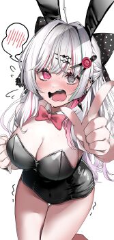 1girl @_@ absurdres ahoge animal_ears black_leotard blush bow breasts cleavage detached_collar embarrassed fake_animal_ears grey_eyes grey_hair heterochromia highres ishigami_nozomi large_breasts leotard long_hair looking_at_viewer multicolored_hair nekozane_ryo nijisanji pink_hair playboy_bunny pointing rabbit_ears red_eyes solo strapless strapless_leotard streaked_hair virtual_youtuber wrist_cuffs