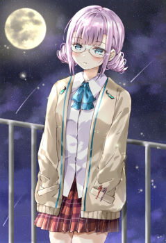 Rule 34 | 1girl, ayaro (genkiloobaii), blue bow, blue bowtie, blue eyes, blunt bangs, blush, bow, bowtie, cardigan, collared shirt, commentary, cowboy shot, drill hair, eyelashes, full moon, glasses, hands in pockets, heaven burns red, highres, higuchi seika, light particles, looking at viewer, miniskirt, moon, night, open cardigan, open clothes, outdoors, parted lips, plaid clothes, plaid skirt, pleated skirt, purple hair, red skirt, round eyewear, shirt, short hair, skirt, sky, solo, star (sky), starry sky, twin drills, white shirt, yellow cardigan