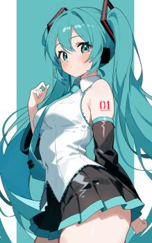 1girl absurdres aqua_background aqua_eyes aqua_hair aqua_necktie bare_shoulders black_skirt black_sleeves blush breasts coco_irasuto commentary covered_navel cowboy_shot detached_sleeves double-parted_bangs hair_between_eyes hair_ornament hatsune_miku highres long_hair looking_at_viewer necktie number_tattoo pleated_skirt shirt shoulder_tattoo sidelocks simple_background skirt sleeveless sleeveless_shirt solo tattoo tie_clip twintails very_long_hair vocaloid white_shirt