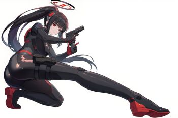 1girl ass black_bodysuit black_hair blue_archive bodysuit breasts commentary_request full_body gun halo handgun highres holster kisaragi_shokuin kneeling legs long_hair looking_at_viewer ponytail red_eyes red_halo reloading rio_(blue_archive) rio_(bodysuit)_(blue_archive) thigh_holster weapon