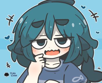 +++ 1girl :d blue_background blue_eyes blue_hair blue_shirt blush character_name chibi commentary_request fins fish_tail fuka-chan hair_between_eyes hand_up heart highres long_hair looking_at_viewer motion_lines open_mouth original outline sea_urchin shark_tail sharp_teeth shirt short_eyebrows short_sleeves smile solo tail teeth thick_eyebrows uni_souchou upper_body white_outline
