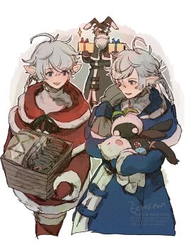 Rule 34 | 1girl, 2boys, ahoge, alisaie leveilleur, alphinaud leveilleur, animal ears, beard, black coat, black hair, blue capelet, blue coat, blue eyes, blue gloves, box, brother and sister, capelet, coat, crossed bangs, earrings, elezen, elf, facial hair, final fantasy, final fantasy xiv, fur-trimmed capelet, fur trim, gift, gift box, gloves, grey hair, hair between eyes, highres, holding, holding stuffed toy, jewelry, moogle, multicolored hair, multiple boys, open mouth, pointy ears, rabbit boy, rabbit ears, red capelet, red coat, red gloves, short hair with long locks, siblings, smile, streaked hair, stuffed animal, stuffed toy, twins, viera, warrior of light (ff14), winter clothes, zerou pan
