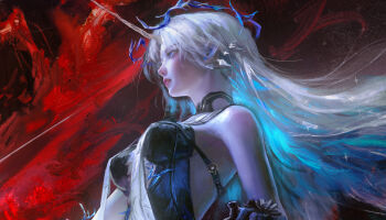 1girl absurdres alternate_breast_size_(smaller) bare_shoulders blonde_hair blue_eyes blue_hair breasts closed_mouth colored_inner_hair commentary crown_of_thorns earrings english_commentary fleurdelys_(wuthering_waves) floating_earrings highres horns jewelry medium_breasts multicolored_hair multiple_earrings pointy_ears single_horn solo ui_uiiiiiiiii upper_body wuthering_waves yellow_horns