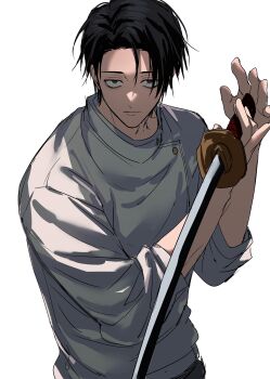 Rule 34 | 1boy, absurdres, black eyes, black hair, black pants, buttons, closed mouth, gold buttons, hands up, highres, holding, holding sword, holding weapon, jujutsu kaisen, katana, looking at viewer, male focus, okkotsu yuuta, pants, shirt, short hair, simple background, solo, sword, upper body, urara0408, weapon, white background, white shirt