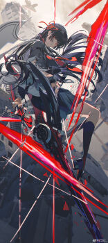 1girl absurdres arm_cutout black_hair black_jacket black_serafuku black_shirt black_skirt chisa_(wuthering_waves) clothing_cutout from_side hair_ribbon highres holding holding_sword holding_weapon jacket long_hair long_sleeves looking_at_viewer neckerchief outdoors parted_lips red_eyes red_neckerchief red_ribbon ribbon sailor_collar school_uniform serafuku shirt skirt solo sword tacet_mark_(wuthering_waves) very_long_hair weapon white_sailor_collar wuthering_waves z3zz4