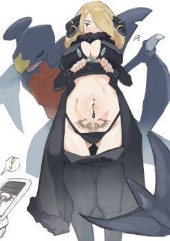 ! artist_logo black_coat black_eyes black_panties blonde_hair blush breasts cellphone clothes_lift clothes_pull coat cynthia_(pokemon) dot_eyes flashing fur-trimmed_coat fur_collar fur_trim garchomp gen_4_pokemon hair_ornament hair_over_one_eye highres large_breasts logo long_hair navel navel_piercing nintendo nynphony out-of-frame_character panties pants pants_pull phone piercing pokemon pokemon_(creature) pokemon_dppt pubic_tattoo simple_background smartphone tattoo underwear white_background