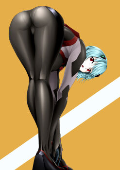 1girl ass ayanami_rei bent_over blue_hair bodysuit breasts evangelion:_3.0_you_can_(not)_redo hair_between_eyes headset legs looking_at_viewer looking_back mecha_pilot_suit neon_genesis_evangelion plugsuit_(evangelion) rebuild_of_evangelion red_eyes shiny_clothes thighs