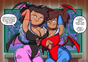 2girls amphibia anne_boonchuy bare_shoulders black_eyes black_hair breast_press breasts bridal_gauntlets brown_hair cleavage come_hither cosplay dark_skin demon_girl head_wings highres large_breasts leotard lilith_(darkstalkers) lilith_(darkstalkers)_(cosplay) medium_breasts medium_hair morrigan_aensland morrigan_aensland_(cosplay) mrs._boonchuy multiple_girls naughty_face pantyhose planz34 short_hair smile darkstalkers wings