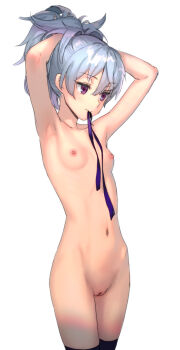 1girl absurdres armpits arms_behind_head arms_up black_thighhighs blush breasts cleft_of_venus collarbone commentary_request cowboy_shot darker_than_black female_focus hair_between_eyes hair_tie_in_mouth highres hip_bones holding holding_own_hair kawakami_rokkaku long_hair looking_away mouth_hold navel nipples nude ponytail purple_eyes purple_hair purple_ribbon pussy ribbon silver_hair simple_background skinny small_breasts solo stomach thighhighs tying_hair uncensored underwear white_background yin_(darker_than_black)