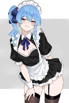 1girl absurdres alternate_costume apron arm_behind_back asymmetrical_sidelocks black_dress black_thighhighs blue_eyes blue_hair blue_ribbon bluefield breasts cleavage_cutout clothing_cutout collared_dress commentary double-parted_bangs dress enmaided frilled_dress frills garter_straps grey_background grin hair_between_eyes hair_ribbon hand_on_own_thigh highres hololive hoshimachi_suisei leaning_forward looking_at_viewer maid maid_apron maid_headdress medium_hair puffy_short_sleeves puffy_sleeves ribbon short_sleeves side_ponytail sidelocks simple_background skindentation small_breasts smile solo star_(symbol) star_in_eye symbol_in_eye thighhighs thighs virtual_youtuber white_apron zettai_ryouiki