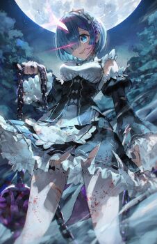 1girl ball_and_chain_(weapon) blood blood_on_clothes blood_on_face blood_splatter bloody_weapon blue_eyes blue_hair breasts detached_sleeves garter_straps glowing_horns hair_ornament hair_over_one_eye highres holding holding_weapon horns looking_at_viewer maid maid_headdress medium_breasts meltyrice open_mouth pink_ribbon re:zero_kara_hajimeru_isekai_seikatsu rem_(re:zero) ribbon short_hair single_horn solo spiked_ball_and_chain thighhighs torn_clothes weapon white_thighhighs x_hair_ornament