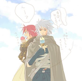 2boys assassin_(ragnarok_online) black_gloves black_shirt blue_sky brown_gloves closed_mouth cloud commentary_request dated_commentary day eating fingerless_gloves food gloves grey_cloak holding holding_ice_cream_cone ice_cream ice_cream_cone lowres male_focus multiple_boys oomojiya open_mouth outdoors ragnarok_online red_hair shirt short_hair sky smile translation_request upper_body white_hair wizard_(ragnarok_online)