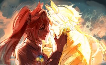 2girls animal_ears breasts brown_hair closed_eyes closed_mouth collared_shirt daiwa_scarlet_(umamusume) earrings ghost hair_between_eyes hair_intakes hair_over_one_eye holding holding_jewelry holding_necklace horse_ears horse_girl jewelry long_hair long_sleeves looking_at_another multiple_girls necklace red_eyes shirt smile twintails umamusume upper_body very_long_hair vodka_(umamusume) yol_yoola yuri