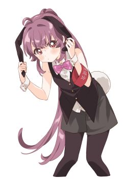 1girl ahoge animal_ears armband black_pantyhose black_shorts black_vest blush bow bowtie buttons closed_mouth collared_shirt commentary cropped_legs fake_animal_ears fake_tail hair_intakes hands_up highres holding_ears long_hair looking_at_viewer namori nontraditional_playboy_bunny pantyhose pink_bow pink_bowtie ponytail purple_eyes purple_hair rabbit_ears rabbit_tail red_armband shirt shorts simple_background sleeveless sleeveless_shirt solo sugiura_ayano sweatdrop tail v-shaped_eyebrows very_long_hair vest white_background white_shirt white_wrist_cuffs wrist_cuffs yuruyuri