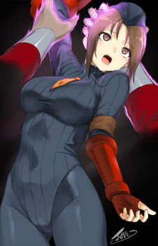 Rule 34 | 1boy, 1girl, arm up, armband, aura, black pantyhose, breasts, brown armband, brown eyes, brown hair, commission, covered navel, cowboy shot, crying, crying with eyes open, disembodied hand, dripping, fingerless gloves, garrison cap, gauntlets, gloves, glowing hands, grabbing another's arm, hand on another's head, hat, heattech leotard, highleg, highleg leotard, highres, juli (street fighter), large breasts, leotard, m. bison, mind control, necktie, open mouth, orange necktie, pantyhose, pov, pov hands, red gloves, ribbed leotard, saliva, shadaloo dolls, short necktie, sidelocks, signature, solo focus, street fighter, street fighter zero (series), tea (nakenashi), tears, teeth, tongue, turtleneck