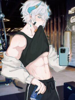 1boy abs bandages bare_shoulders bishounen black_bandages black_nails blue_eyes cellphone clothes_in_mouth clothes_lift demon_boy demon_horns double-parted_bangs earrings exercising highres horns indie_virtual_youtuber inukai_mado jacket jewelry ma_mori74 male_focus midriff mouth_hold muscular muscular_male pale_skin pepsi phone photo_background pulling_own_clothes selfie senz_(vtuber) senz_(vtuber)_(2nd_costume) shirt_in_mouth shirt_lift smartphone solo sweat toned toned_male undershirt unworn_jacket upper_body virtual_youtuber white_hair