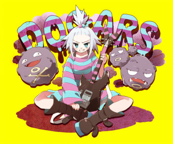 1girl aqua_eyes bass_guitar black_boots blush boots bright_pupils chachi_(azuzu) character_name closed_mouth commentary_request evolutionary_line fangs freckles gen_1_pokemon grin hair_bobbles hair_ornament holding holding_bass_guitar holding_instrument instrument koffing long_sleeves medium_hair multiple_heads nintendo open_mouth pokemon pokemon_(creature) pokemon_bw2 roxie_(pokemon) simple_background sitting skull_and_crossbones smile striped_clothes teeth topknot v-shaped_eyebrows weezing white_hair white_pupils yellow_background
