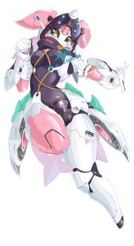 Rule 34 | 1girl, alternate breast size (larger), aria (zenless zone zero), blush, breasts, commentary request, green eyes, highres, medium breasts, medium hair, negi oekaki 04, pink hair, pink thighhighs, robot girl, simple background, single thighhigh, solo, thick thighs, thighhighs, thighs, white background, wide hips, zenless zone zero