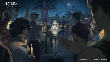 Rule 34 | 3girls, 4boys, ankle boots, aqua eyes, ball, bare shoulders, black hair, black skirt, blue sky, blunt bangs, blunt ends, bob cut, boots, brown hair, candle, copyright name, copyright notice, crystal ball, earrings, facing away, feather boa, fire, glowing, grey footwear, grey hair, grey tank top, hair ornament, hand up, highres, holding, holding ball, holding candle, jewelry, leg tattoo, logo, looking at another, looking at object, looking down, mercuria (reverse:1999), miniskirt, multiple boys, multiple girls, night, night sky, official art, official wallpaper, outdoors, people, profile, reverse:1999, shirt, short hair, shoulder tattoo, skirt, sky, standing, star (symbol), star hair ornament, straight-on, t-shirt, tank top, tattoo, tent, wide shot