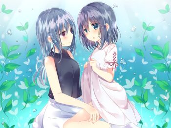 Rule 34 | 2girls, air bubble, bare shoulders, black shirt, blue eyes, blush, breasts, bubble, closed mouth, collared dress, commentary request, cross-laced clothes, cross-laced sleeves, dress, eye contact, highres, lifting own clothes, looking at another, medium breasts, multiple girls, no shoes, open mouth, pink eyes, shiiba nae, shirt, short sleeves, sitting, sitting on lap, sitting on person, skirt, sleeveless, sleeveless shirt, smile, socks, teacher and student, underwater, voice drama available, white dress, white skirt, white socks, yubinotacto, yuri