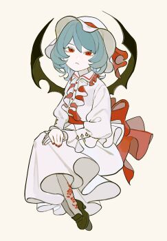 1girl bat_wings black_shoes black_wings blue_hair commentary_request dee_(tannsumi) demon_wings expressionless floating floral_print frilled_skirt frilled_sleeves frills hat highres lolita_fashion long_sleeves looking_at_viewer nail_polish red_nails red_ribbon red_shirt remilia_scarlet ribbon shirt shoes simple_background sitting skirt solo touhou white_hat white_shirt white_skirt wings