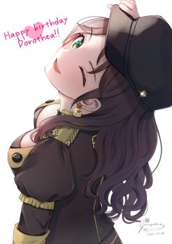 1girl ;d black_hat blush breasts brown_hair cleavage dorothea_arnault earrings fire_emblem fire_emblem:_three_houses from_above from_behind garreg_mach_monastery_uniform green_eyes hat highres jewelry large_breasts long_hair long_sleeves looking_at_viewer mugitoro_(dsfv2277) nintendo one_eye_closed open_mouth simple_background smile solo upper_body