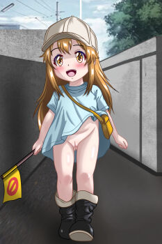 1girl bag baseball_cap black_boots blue_shirt blush boots bottomless brown_eyes brown_hair chapio cloud flag flat_chest hat hataraku_saibou highres holding holding_flag loli long_hair looking_up no_panties no_symbol open_mouth oversized_clothes oversized_shirt platelet_(hataraku_saibou) power_lines pussy shirt short_sleeves sky smile teeth tree walking white_hat