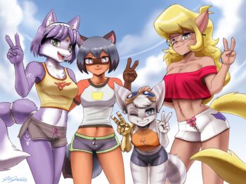 4girls animal_ears blonde_hair brand_new_animal breasts callie_briggs cat_girl cleavage crossover double_v fox_ears fox_girl fox_tail furry glasses goggles grin john_joseco kagemori_michiru krystal large_breasts leaning_forward medium_breasts midriff multiple_girls nintendo one_eye_closed prosthesis prosthetic_arm ratchet_&amp;_clank ratchet_&amp;_clank:_rift_apart rivet_(ratchet_&amp;_clank) shirt short_shorts shorts smile star_fox star_fox_adventures swat_kats t-shirt tail tattoo v wink