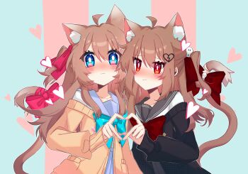 1girl 2girls :3 absurdres ahoge animal_ear_fluff animal_ears black_cardigan black_sailor_collar blue_bow blue_bowtie blue_eyes blue_sailor_collar blue_skirt bow bowtie broken_heart broken_heart_hair_ornament brown_hair cardigan cat_ears cat_girl cat_tail closed_mouth commentary_request dress_shirt evil_neuro-sama four-finger_heart_hands hair_between_eyes hair_ornament hair_ribbon heart heart_hands highres lingyou long_hair long_sleeves multiple_girls neuro-sama pink_bow pink_ribbon red_bow red_bowtie red_eyes red_ribbon ribbon sailor_collar shirt siblings sisters skirt skull_hair_ornament tail tail_bow tail_ornament twins two_side_up upper_body vedal_ai virtual_youtuber white_shirt yellow_cardigan