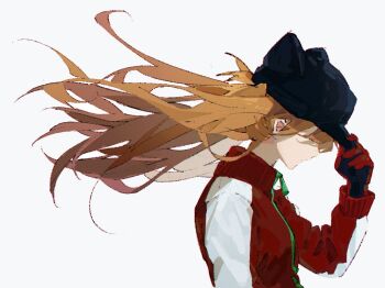 1girl baseball_cap black_gloves black_hat evangelion:_3.0_you_can_(not)_redo facing_to_the_side floating_hair front_zipper gloves grey_background hair_between_eyes hand_on_headwear hat huimuuu jacket long_hair long_sleeves looking_down neon_genesis_evangelion orange_hair profile rebuild_of_evangelion red_gloves red_jacket sidelocks simple_background single_glove solo souryuu_asuka_langley striped_clothes striped_jacket turtleneck turtleneck_jacket two-tone_gloves vertical-striped_clothes vertical-striped_jacket zipper