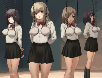 4girls arms_behind_back bdsm black_eyes black_skirt black_socks blonde_hair bondage bound bound_arms bound_wrists bow bowtie bra breasts brown_eyes brown_hair chain chained closed_eyes closed_mouth collared_shirt commentary_request cuffed cuffs funitarefu handcuffs highres kneehighs long_hair medium_hair multiple_girls original pleated_skirt red_bow red_bowtie restrained see-through_clothes shirt skirt socks standing underwear white_shirt
