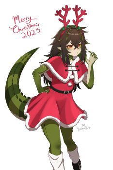 1girl 2025 absurdres bawnzee belt black_belt black_boots boots brown_hair capelet closed_mouth colored_sclera commentary crocodile_girl crocodilian_tail dress english_commentary fake_antlers fur-trimmed_capelet fur_trim green_scales green_streaks hand_on_own_hip headband highres indie_virtual_youtuber kairyu_crocodile long_hair looking_at_another merry_christmas multicolored_hair pointy_ears pom_pom_(clothes) pout red_capelet red_dress red_eyes red_headband santa_costume santa_dress signature simple_background socks solo standing streaked_hair tail virtual_youtuber white_background white_socks yellow_sclera