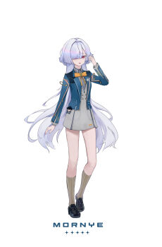 1girl absurdres black_shoes blue_jacket bow bowtie breasts brown_socks character_name charm_(object) colored_eyelashes commentary dress full_body grey_dress grey_hair hair_over_one_eye hand_up highres jacket loafers long_hair looking_at_viewer male_rover_(wuthering_waves) mienpp mornye_(wuthering_waves) official_alternate_costume orange_bow orange_bowtie red_eyes rover_(wuthering_waves) shoes simple_background small_breasts socks solo standing very_long_hair white_background wuthering_waves