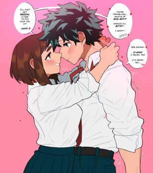 1boy 1girl belt black_belt boku_no_hero_academia breasts brown_eyes brown_hair english_text green_eyes green_hair green_pants green_skirt heart hetero izuocha loopvoid matching_hair/eyes midoriya_izuku necktie pants pink_background pleated_skirt red_necktie school_uniform shirt short_hair sidelocks skirt sound_effects speech_bubble spoken_heart u.a._school_uniform uraraka_ochako white_shirt