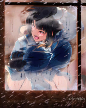 1boy 1girl against_glass against_window black_gloves black_hair blue_jacket blue_skirt blush breast_press breasts breasts_on_glass clothed_sex from_outside gloves hand_on_glass hand_on_window hetero huge_breasts jacket kantai_collection long_sleeves military_uniform miniskirt noteblue red_eyes sex sex_from_behind skirt solo_focus takao_(kancolle)