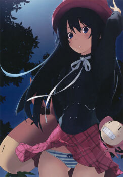 1girl :o absurdres animal arm_up black_hair blue_eyes blunt_bangs blush bow bow_panties donkey female_focus hat highres hime_cut jiyu2 long_hair looking_down monkey open_mouth original panties pantyshot ribbon skirt skirt_flip solo striped_clothes striped_panties underwear upskirt wind wind_lift