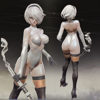 1girl 3d absurdres ass boots breasts cameltoe cleavage elbow_gloves gloves high_heel_boots high_heels highleg highleg_leotard highres leotard leslyzerosix multiple_views nier_(series) nier:automata silver_hair strapless strapless_leotard sword thigh_boots thighhighs weapon 2b_(nier:automata)