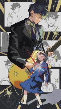 1boy 1girl :o :| awestruck black_hair black_suit blue_jacket blue_sandals blue_skirt blush closed_mouth clutching_chest commentary_request eating electric_guitar employee_uniform expressionless flashback formal_clothes full_body futsuu_no_keion-bu gibson_les_paul guitar guitar_case guitar_strap hand_on_own_chest hatono_chihiro highres instrument instrument_case jacket long_sleeves mizuo_haruichi multiple_views music neck_ribbon necktie official_alternate_costume phy_p9m playing_guitar playing_instrument red_ribbon ribbon sandals scene_reference school_uniform skirt slides socks sparkle standing suit tsurime twitter_username watermark white_socks