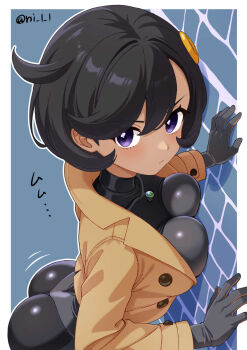 1girl ass black_bodysuit black_hair bodysuit bodysuit_under_clothes breast_press breasts brown_jacket dark-skinned_female dark_skin emma_(pokemon) frown gloves highres jacket looking_at_viewer medium_breasts ni_l_l nintendo pokemon pokemon_legends:_z-a purple_eyes short_hair solo