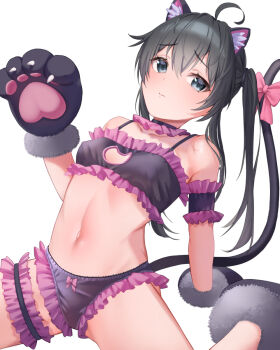 1girl ahoge animal_ears animal_hands black_bra black_hair black_panties bow bow_panties bra breasts cat_ears cat_girl cat_lingerie cat_tail choker commentary_request frilled_bra frilled_choker frilled_panties frilled_thigh_strap frills gloves hair_between_eyes highres miizu8013 navel panties paw_gloves pink_frills ribbon small_breasts tail tail_ornament tail_ribbon thigh_strap twintails underwear white_background yahari_ore_no_seishun_lovecome_wa_machigatteiru. yukinoshita_yukino