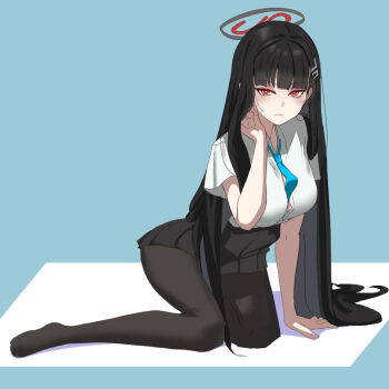 1girl black_hair black_halo black_skirt blue_archive blue_necktie blunt_bangs breasts bright_pupils button_gap dabuman hair_ornament hairclip halo kneeling large_breasts long_hair looking_at_viewer multicolored_halo necktie pantyhose red_eyes red_halo rio_(blue_archive) shirt skirt solo two-tone_halo very_long_hair white_pupils white_shirt