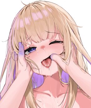 2girls amanogawa_shiina blonde_hair blush collarbone colored_extremities colored_inner_hair commentary english_commentary female_pov finger_in_another's_mouth highres kaneko_lumi long_hair looking_at_viewer multicolored_hair multiple_girls one_eye_closed open_mouth phase_connect portrait pov pov_hands purple_eyes purple_hair saliva simple_background skai_kun solo_focus tears tongue tongue_out virtual_youtuber white_background yuri