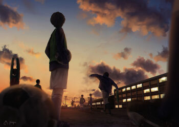 6+boys arms_up backlighting ball black_hair black_socks blue_shirt blue_sky blurry cloud depth_of_field evening facing_away floodlights full_body kneehighs long_sleeves male_focus multiple_boys original outdoors papi_(papiron100) school shirt shorts signature sky sleeves_past_wrists slice_of_life soccer_ball socks sportswear standing stretching sunlight sunset walking white_shorts