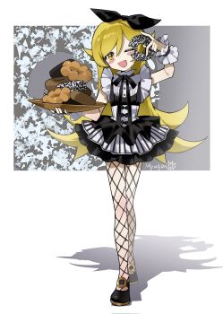 1girl black_bow black_dress black_ribbon black_shoes blonde_hair blush bow buttons donut dress fang fishnet_pantyhose fishnets flower food frilled_wrist_cuffs frills full_body hair_bow hair_flower hair_ornament highres holding holding_donut holding_food holding_plate long_hair looking_at_viewer monogatari_(series) myuga66666 neck_ribbon one_eye_closed open_mouth oshino_shinobu pantyhose plate ribbon shadow shoes signature skin_fang solo standing two-tone_dress white_background white_dress wrist_cuffs yellow_eyes