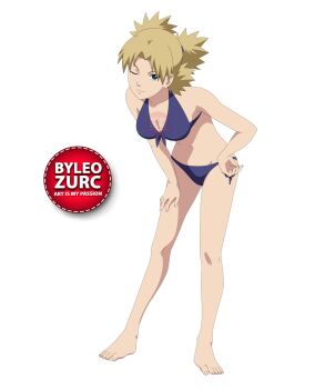 1girl barefoot blonde_hair breasts feet green_eyes leozurcxxx naruto_(series) naruto_shippuuden one_eye_closed short_hair solo swimsuit temari_(naruto) transparent_background