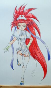 Rule 34 | gloves, hakubi washuu, hat, latex, latex gloves, nurse, nurse cap, red hair, sandals, skirt, sugishin46, tenchi muyou!, thighhighs, wrinkled fabric