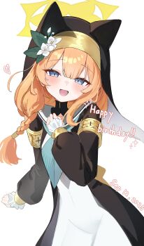 1girl absurdres animal_ear_headwear animal_ears aqua_neckerchief black_veil blue_archive blue_eyes blush braid cat_ears dated dress fake_animal_ears flower frilled_sleeves frills hair_between_eyes hair_flower hair_ornament halo hand_on_own_chest happy_birthday highres leaf_hair_ornament long_hair long_sleeves looking_at_viewer low-braided_long_hair low-tied_long_hair mari_(blue_archive) neckerchief nun open_mouth orange_hair sailor_collar simple_background smile solo urashima_jiro veil white_background white_dress white_flower white_sailor_collar yellow_halo